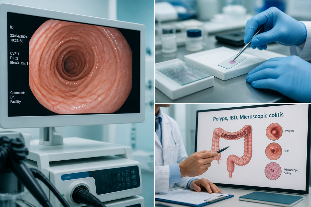 A collage shows: a colonoscopy image on a monitor, gloved hands preparing a microscope slide, and a doctor pointing to a digestive disease chart displaying polyps, IBD, IBS, and microscopic colitis as a guide.