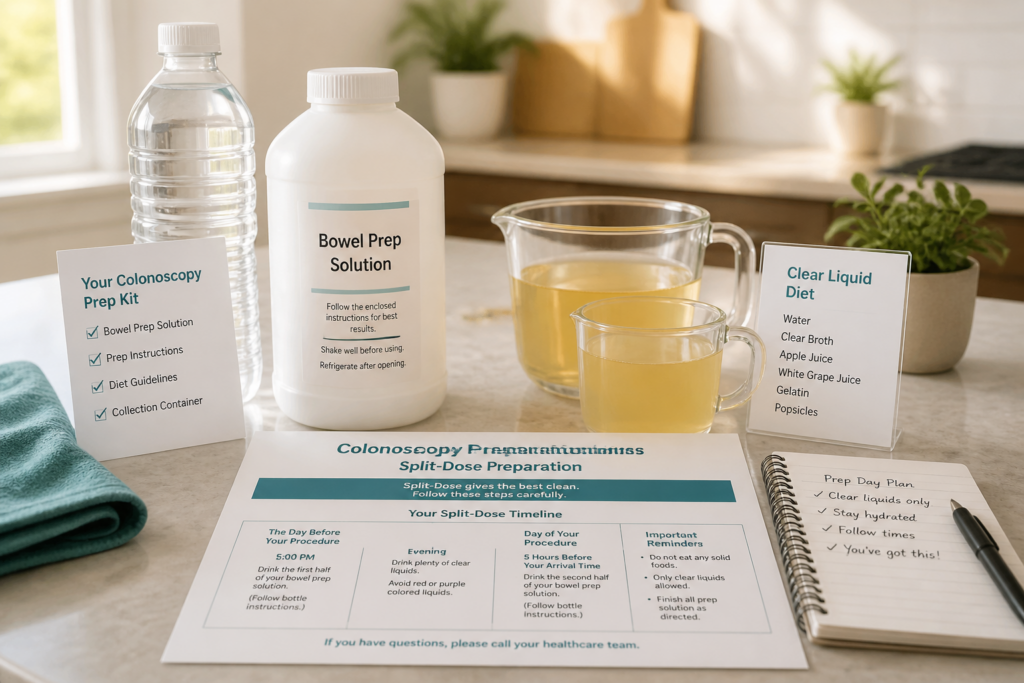 A colonoscopy prep setup on a kitchen counter with a bowel prep solution bottle, pitcher and glass of yellow liquid, instructions, an IBS-friendly clear liquid diet guide, a checklist, and a notepad with a prep plan written in it.