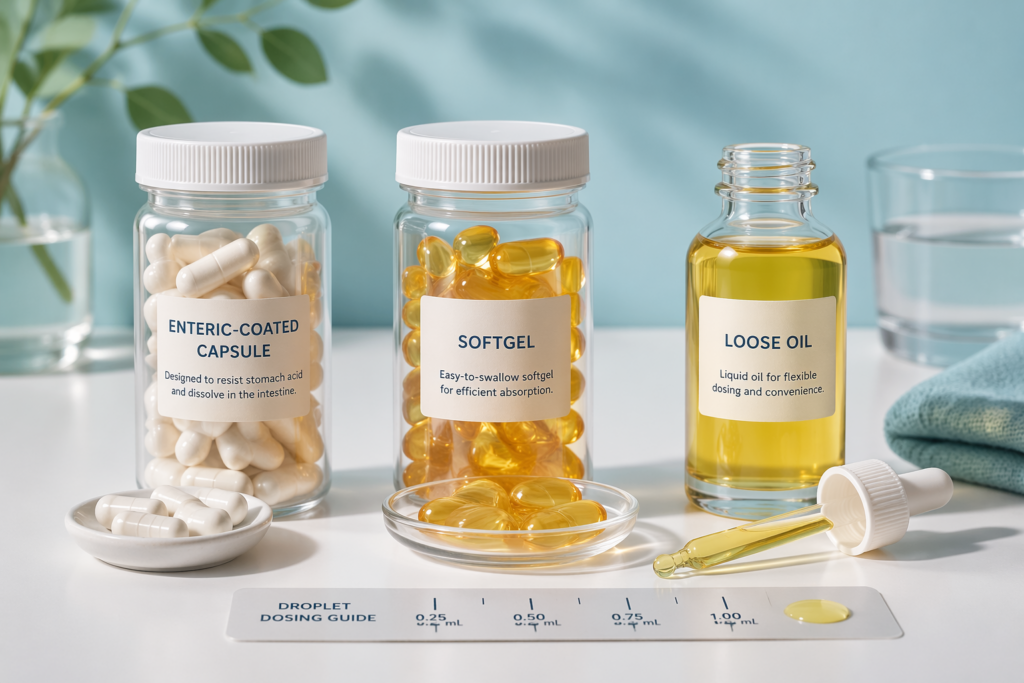 Three glass containers labeled “Enteric-Coated Capsule,” “Softgel,” and “Loose Oil” (used for IBS relief) sit on a counter. The “Loose Oil” bottle has a dropper for precise peppermint oil dosing. A dosing guide card and blue towel are in the background.