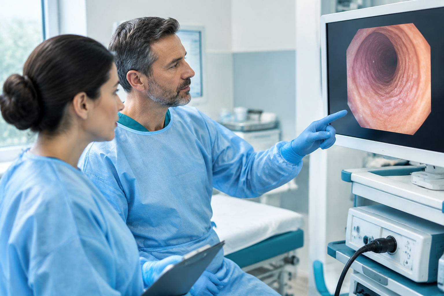 Gastroenterologist reviews an endoscopy used to collect a duodenal biopsy for celiac diagnosis