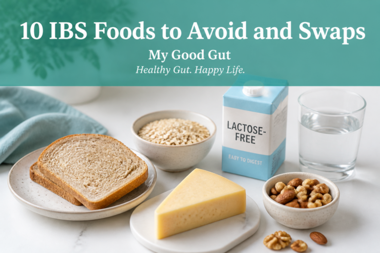 A table displays IBS-friendly foods: lactose-free milk, a glass of water, a slice of bread, cheese, oats, and small bowls of nuts—perfect choices for avoiding IBS flare-ups. Text reads: "10 IBS Foods to Avoid and Swaps. My Good Gut.
