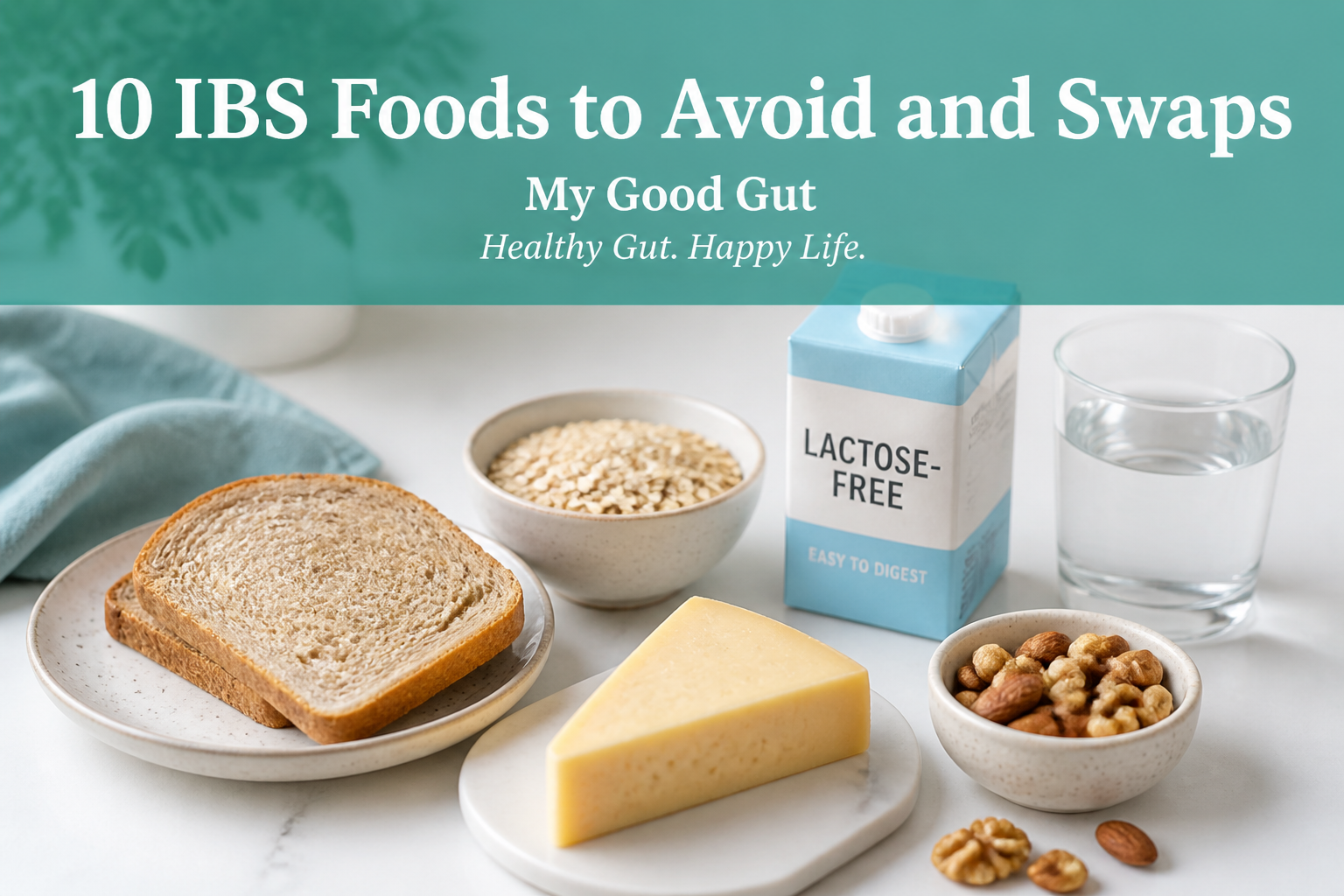 A table displays IBS-friendly foods: lactose-free milk, a glass of water, a slice of bread, cheese, oats, and small bowls of nuts—perfect choices for avoiding IBS flare-ups. Text reads: "10 IBS Foods to Avoid and Swaps. My Good Gut.