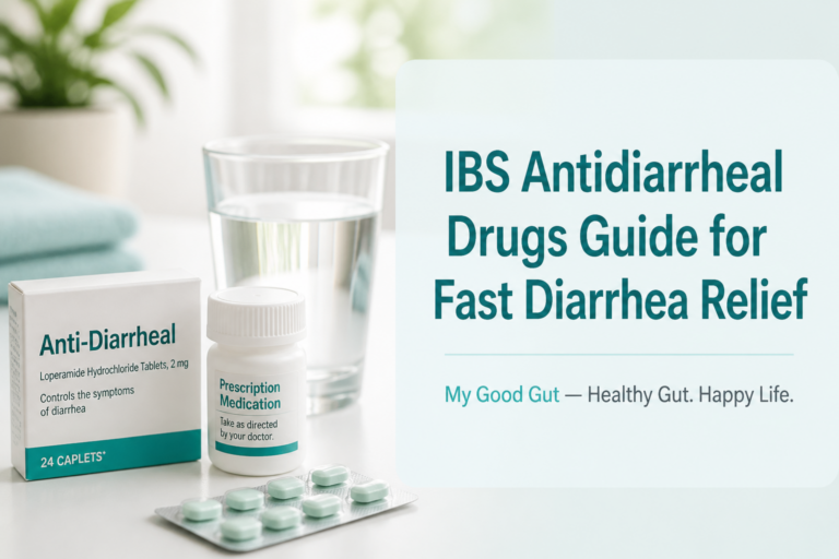 A box labeled "Anti-Diarrheal," a prescription medication bottle, and a glass of water on a table, with text reading "IBS Antidiarrheal Drugs Guide for Fast Diarrhea Relief and effective antidiarrheal drugs.