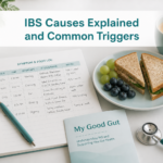 A food log, stethoscope, book titled "My Good Gut," cup of tea, and a plate with a sandwich, blueberries, and green grapes are arranged on a table. Text reads: “IBS Causes Explained—what triggers IBS and common culprits revealed.”.