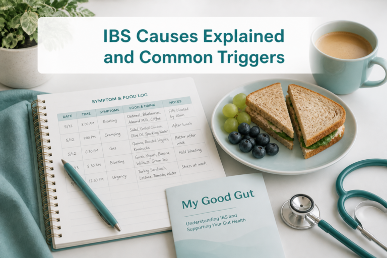 A food log, stethoscope, book titled "My Good Gut," cup of tea, and a plate with a sandwich, blueberries, and green grapes are arranged on a table. Text reads: “IBS Causes Explained—what triggers IBS and common culprits revealed.”.