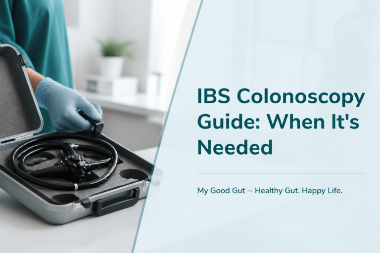 A healthcare professional in scrubs and gloves opens a case containing a colonoscopy scope. Text reads: "IBS Colonoscopy Guide: When It's Needed for IBS symptoms. My Good Gut – Healthy Gut. Happy Life.