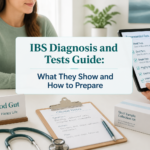 A doctor shows a patient a tablet with recommended IBS diagnosis tests. On the table are a clipboard with clinical notes, a “My Good Gut” sign, a pen, and a stool sample collection kit. Text overlay reads: IBS Diagnosis and Tests Guide.