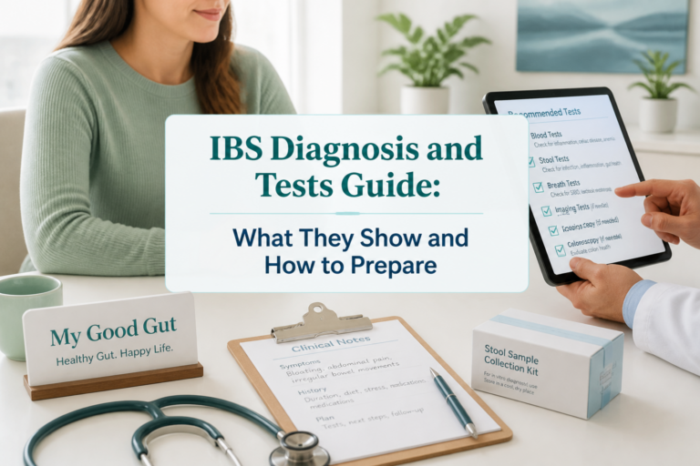 A doctor shows a patient a tablet with recommended IBS diagnosis tests. On the table are a clipboard with clinical notes, a “My Good Gut” sign, a pen, and a stool sample collection kit. Text overlay reads: IBS Diagnosis and Tests Guide.