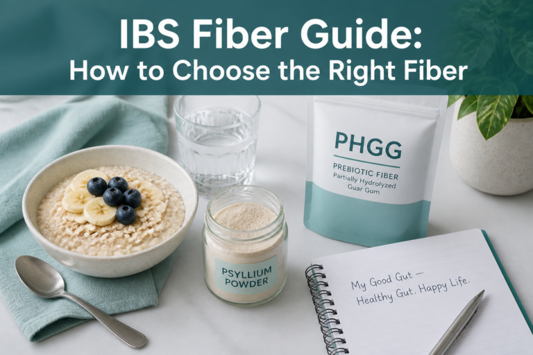 A bowl of oatmeal with blueberries sits beside a jar of psyllium powder, a PHGG fiber packet, a glass of water, and a notebook titled "My Good Gut—Healthy Gut. Happy Life." Text reads: "IBS Fiber Guide: How to Choose the Right Fiber.