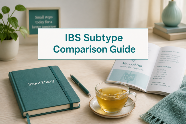 A neatly arranged desk with a “Stool Diary” notebook, pen, cup of tea, open book, potted plant, and a sign. Text overlay reads: “IBS Subtype Comparison Guide”—perfect for tracking your IBS subtypes and discovering helpful IBS comparison tips.