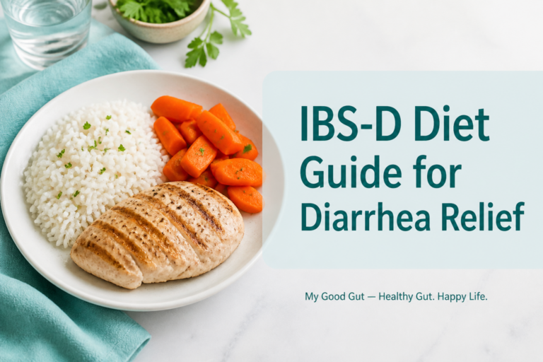 A plate with grilled chicken breast, white rice, and cooked carrots next to a glass of water, with text reading "IBS-D Diet Guide for Diarrhea Relief. Discover IBS-D food tips at My Good Gut – Healthy Gut. Happy Life.