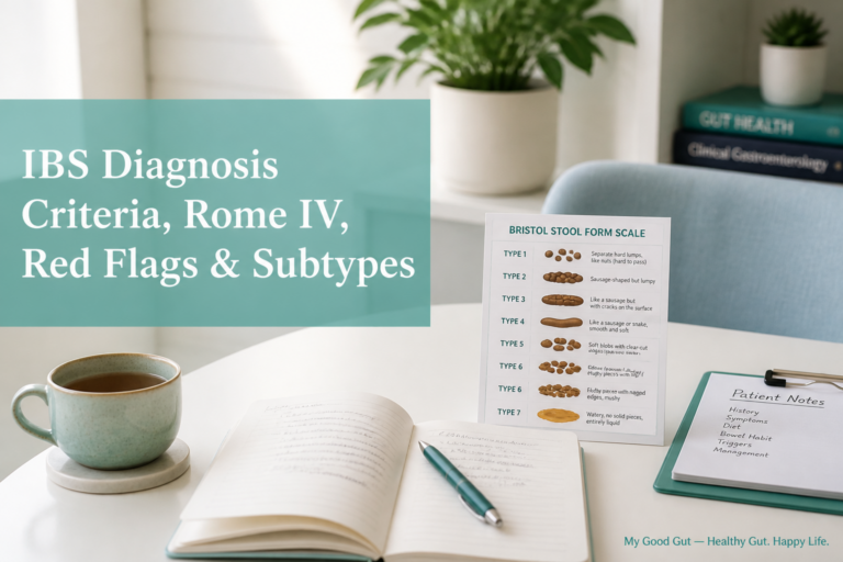 A desk with a coffee cup, open notebook, pen, patient notes, and a Bristol stool form scale card. A text overlay reads: "IBS Diagnosis Criteria, Rome IV & IBS Subtypes." A plant and books are in the background.