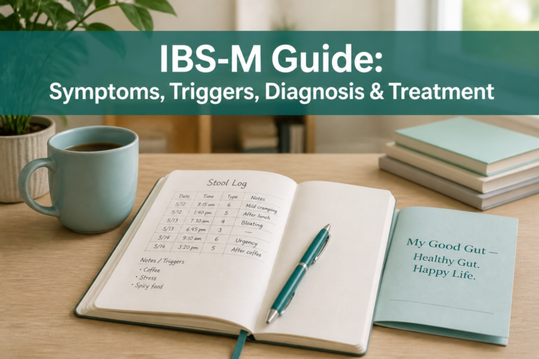 An open journal with a stool log and pen, a blue mug, and a booklet titled "My Good Gut—Healthy Gut. Happy Life." sit on a desk. Text above reads: "What is IBS-M? Guide: IBS-M symptoms, triggers, diagnosis & treatment.