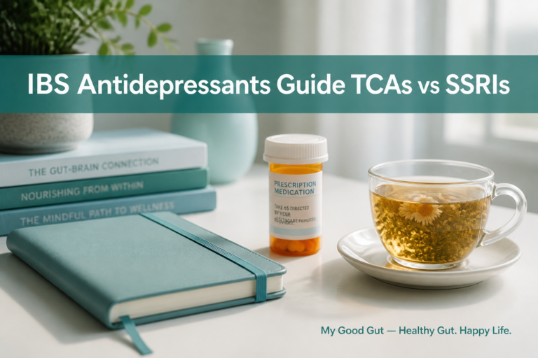 A teal notebook, pen, herbal tea, prescription medication bottle, and books are arranged on a table with the text: "IBS Antidepressants Guide—TCAs vs SSRIs for IBS treatment.