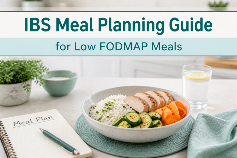 A bowl of rice, grilled chicken, zucchini, and carrots sits on a table next to water, a notepad labeled "Meal Planning," and a pen. The text reads: "IBS Meal Planning Guide for Low FODMAP Meals.