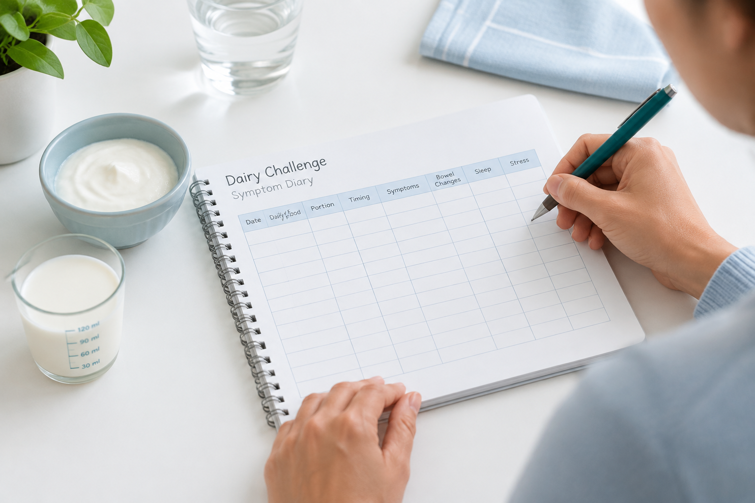 Symptom diary tracking dairy portions and lactose intolerance symptoms