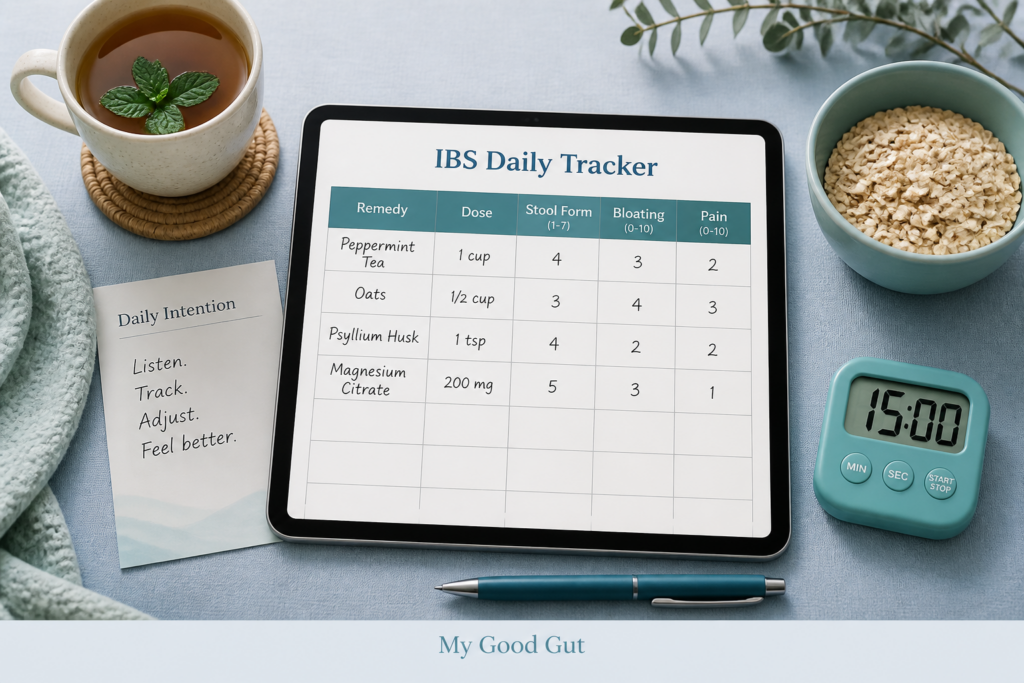 A tablet displays an IBS Daily Tracker chart with home remedies for IBS, doses, and symptoms tracked. Nearby are a cup of tea, oats, a timer set to 15:00, a pen, and a daily intention card on a soft blue surface.