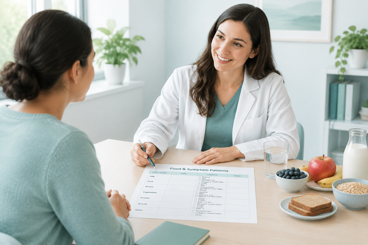 Dietitian discussing a targeted elimination diet for digestive symptoms