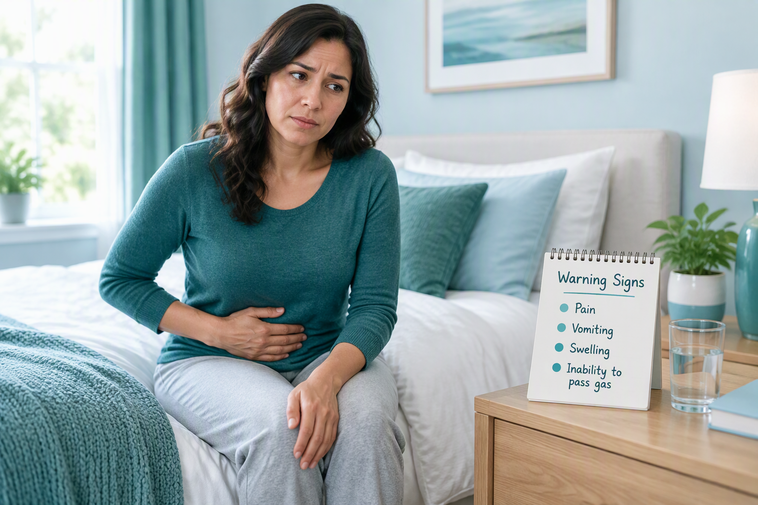 Constipation warning signs requiring urgent care, including pain and abdominal swelling