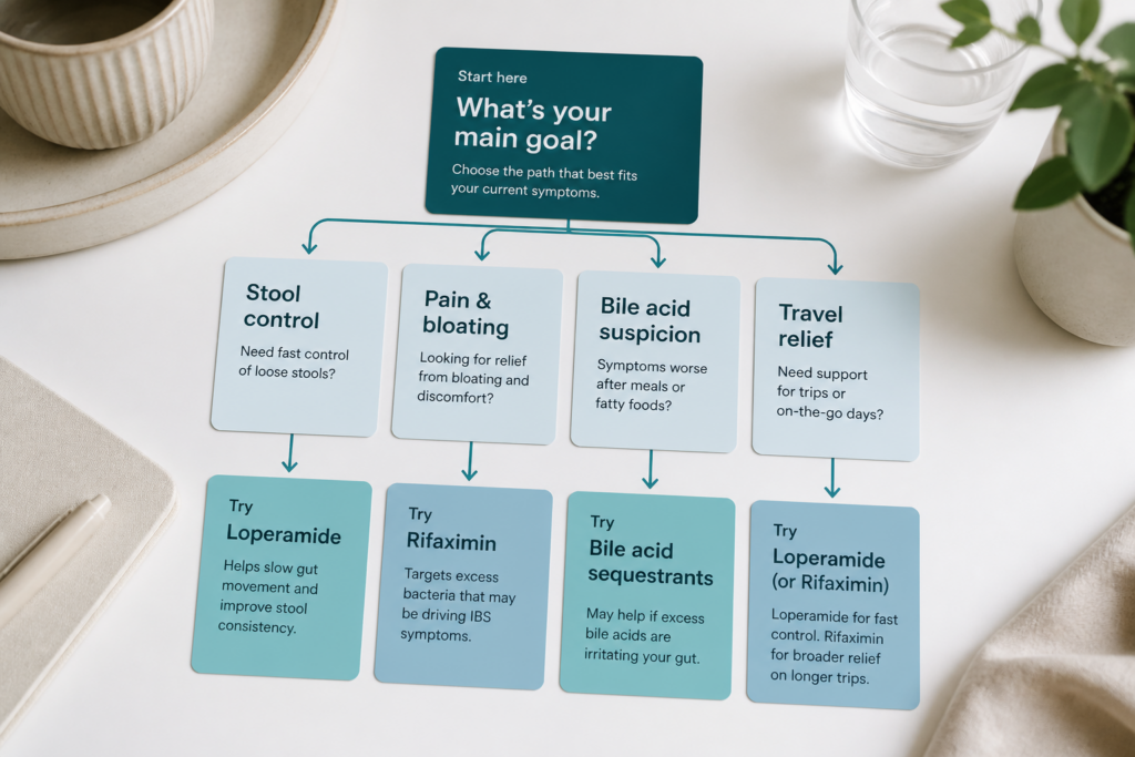 A flowchart on a table serves as an IBS guide, helping select treatment by goal: diarrhea relief (Loperamide), pain & bloating (Rifaximin), bile acid suspicion (bile acid sequestrants), or travel relief (Loperamide or Rifaximin).