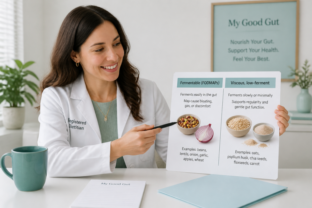 A smiling dietitian in a white coat sits at a table, pointing to a fiber guide chart comparing fermentable (FODMAPs) and viscous, low-ferment foods for IBS, with images of beans, an onion, oats, and flaxseeds.