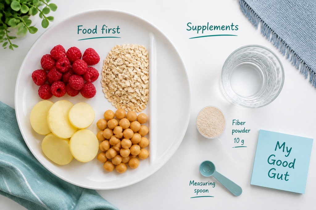 A plate with raspberries, sliced potatoes, oats, and chickpeas labeled "Food first." Next to it are a glass of water, a scoop of fiber powder—your right fiber choice for IBS—and a note saying "My Good Gut: your daily fiber guide.