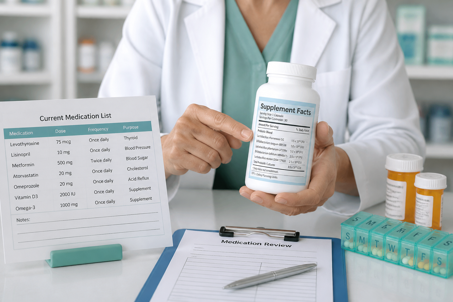 Pharmacist reviewing probiotic strains and medication interactions