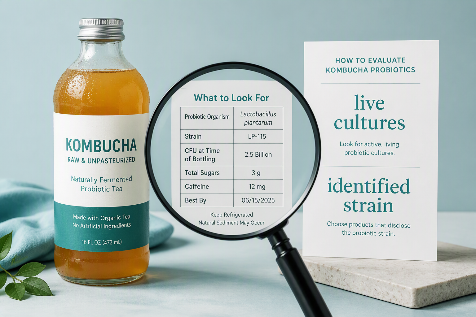 Kombucha label showing probiotic strains, CFU, sugar, and expiration