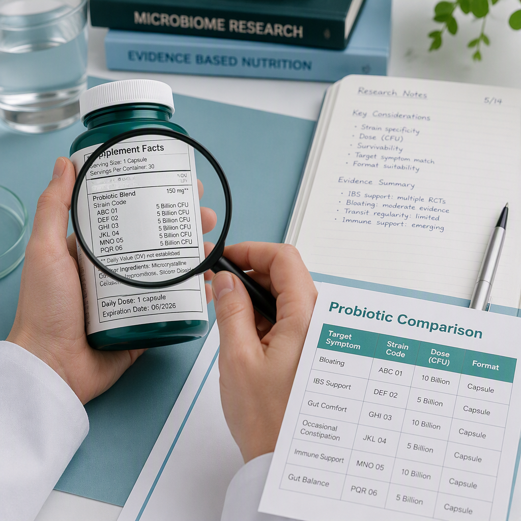 Checking probiotic strain code, dose, format, and target digestive symptom