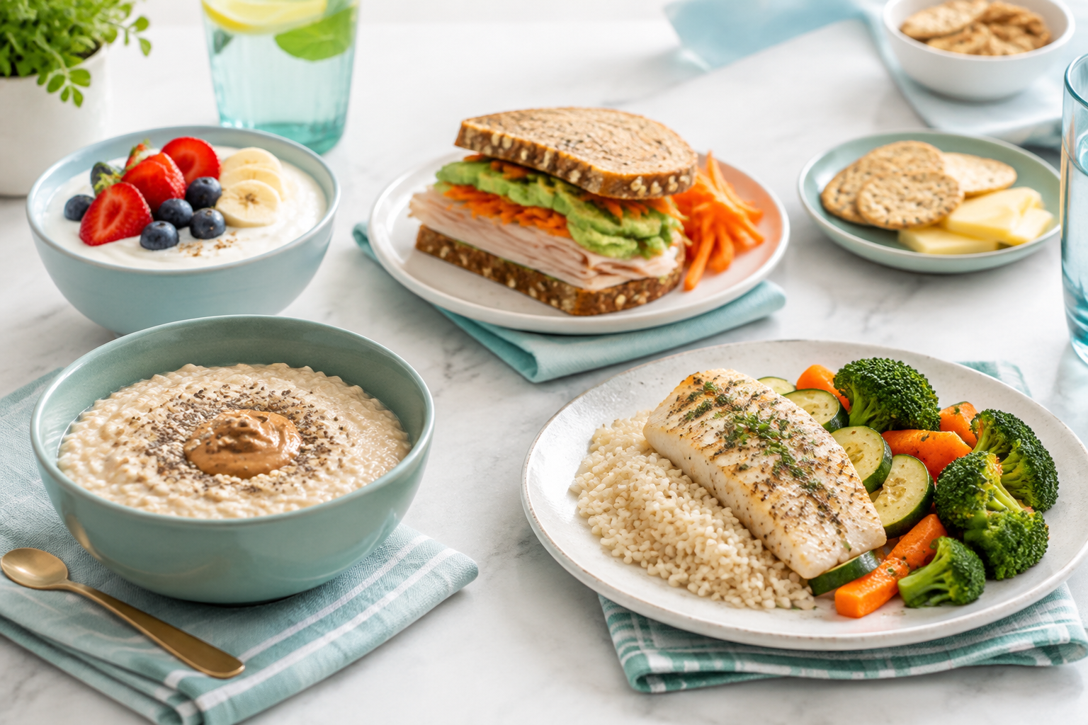 Balanced meals and snacks for EPI nutrition with oatmeal, yogurt, turkey, fish, and vegetables