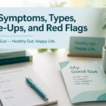 A table with an ibs symptoms tracker, a booklet titled "My Good Gut," a cup of tea, and a sign reading "Healthy Gut. Happy Life." Text overlay reads: "IBS Symptoms, Types, Flare-Ups, and Red Flags.