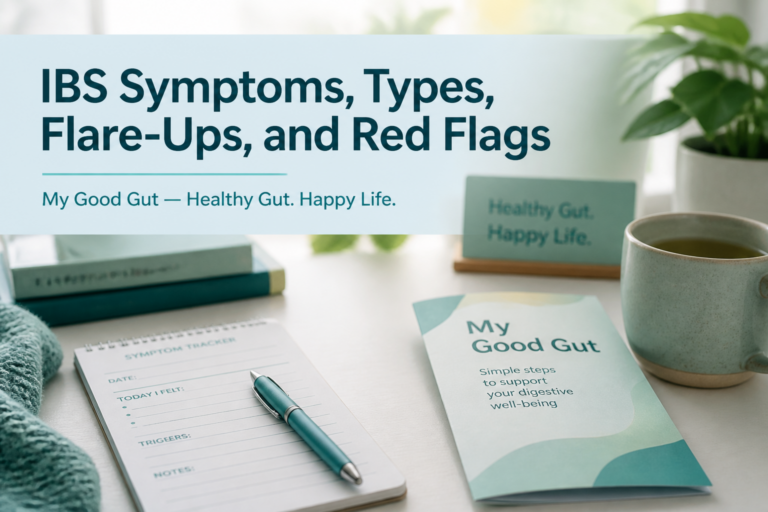 A table with an ibs symptoms tracker, a booklet titled "My Good Gut," a cup of tea, and a sign reading "Healthy Gut. Happy Life." Text overlay reads: "IBS Symptoms, Types, Flare-Ups, and Red Flags.