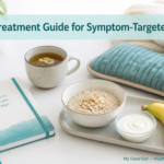 A notebook, cup of tea, bowl of oatmeal, banana, and yogurt sit on a tray next to a teal heating pad. Text reads: "IBS Treatment Guide for Symptom-Targeted Relief and effective IBS treatments.