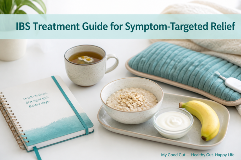 A notebook, cup of tea, bowl of oatmeal, banana, and yogurt sit on a tray next to a teal heating pad. Text reads: "IBS Treatment Guide for Symptom-Targeted Relief and effective IBS treatments.