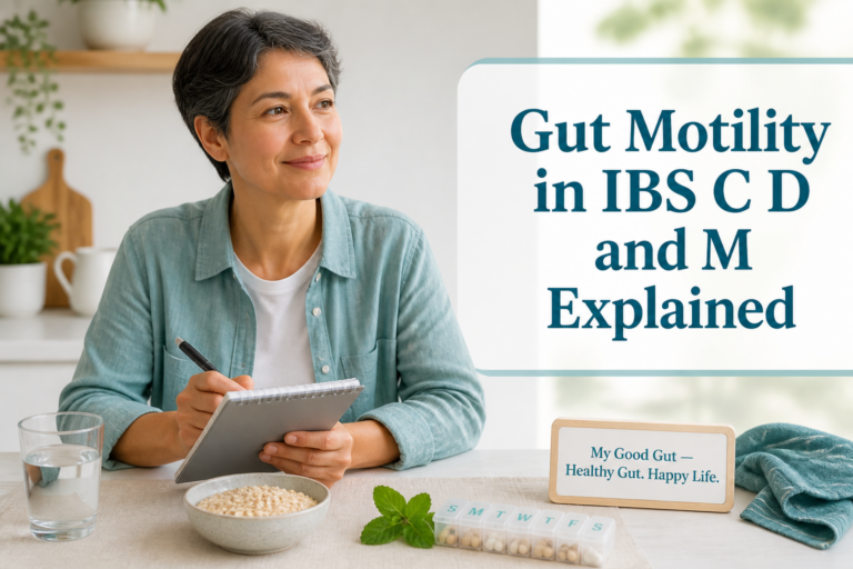 Cover photo with notebook and title text 'Gut Motility in IBS C D and M Explained' for My Good Gut