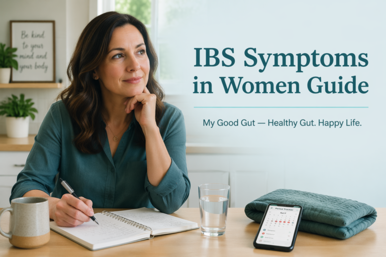 Cover photo with woman and title 'IBS Symptoms in Women Guide' for My Good Gut