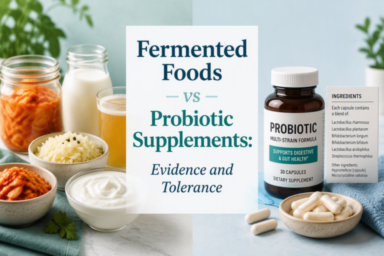 Fermented foods and probiotic supplements compared for evidence and tolerance