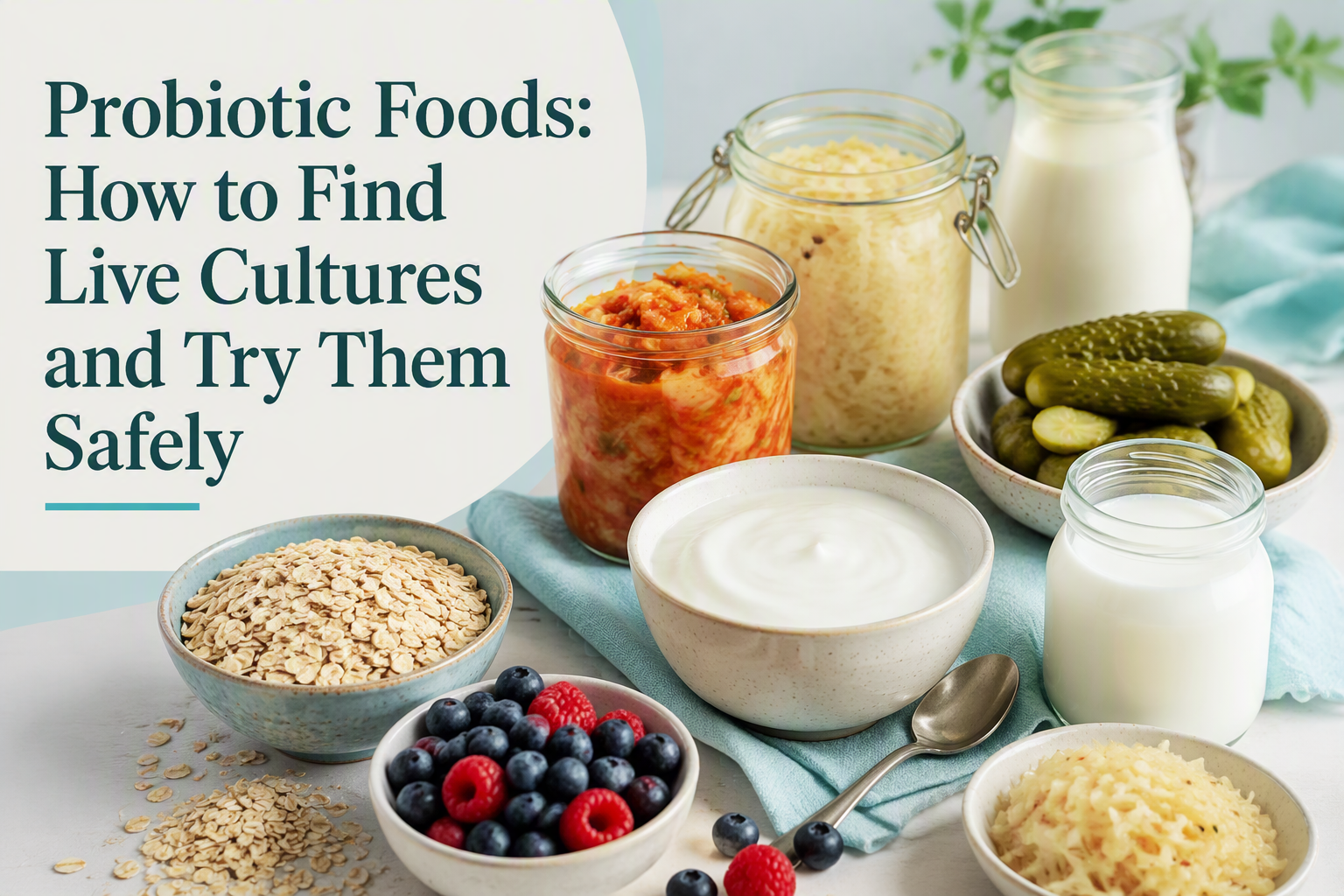 Probiotic foods with yogurt, kefir, kimchi, and sauerkraut for finding live cultures safely