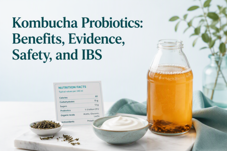 Kombucha probiotics bottle with yogurt and IBS safety title