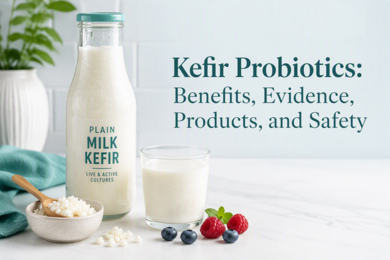 Kefir probiotics bottle and glass illustrating benefits, products, evidence, and safety