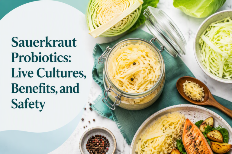 Sauerkraut probiotics in a jar with cabbage, highlighting live cultures, benefits, and safety