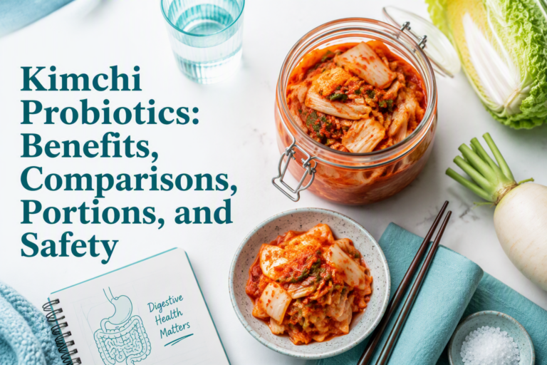 Kimchi probiotics in a jar with vegetables and the title Kimchi Probiotics benefits and safety