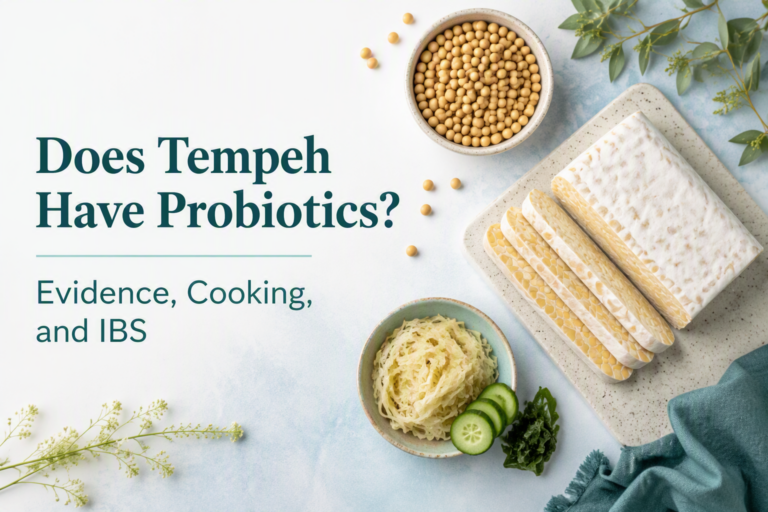 Tempeh slices and soybeans illustrating probiotics, cooking, and IBS
