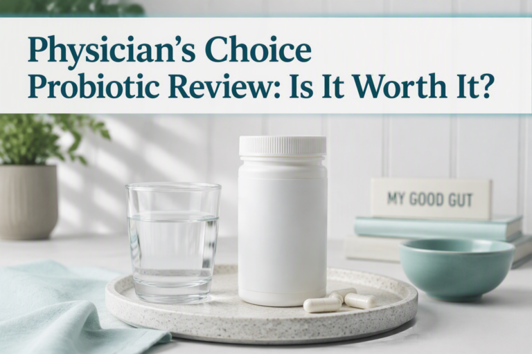 Physician’s Choice probiotic review with supplement bottle and digestive health theme