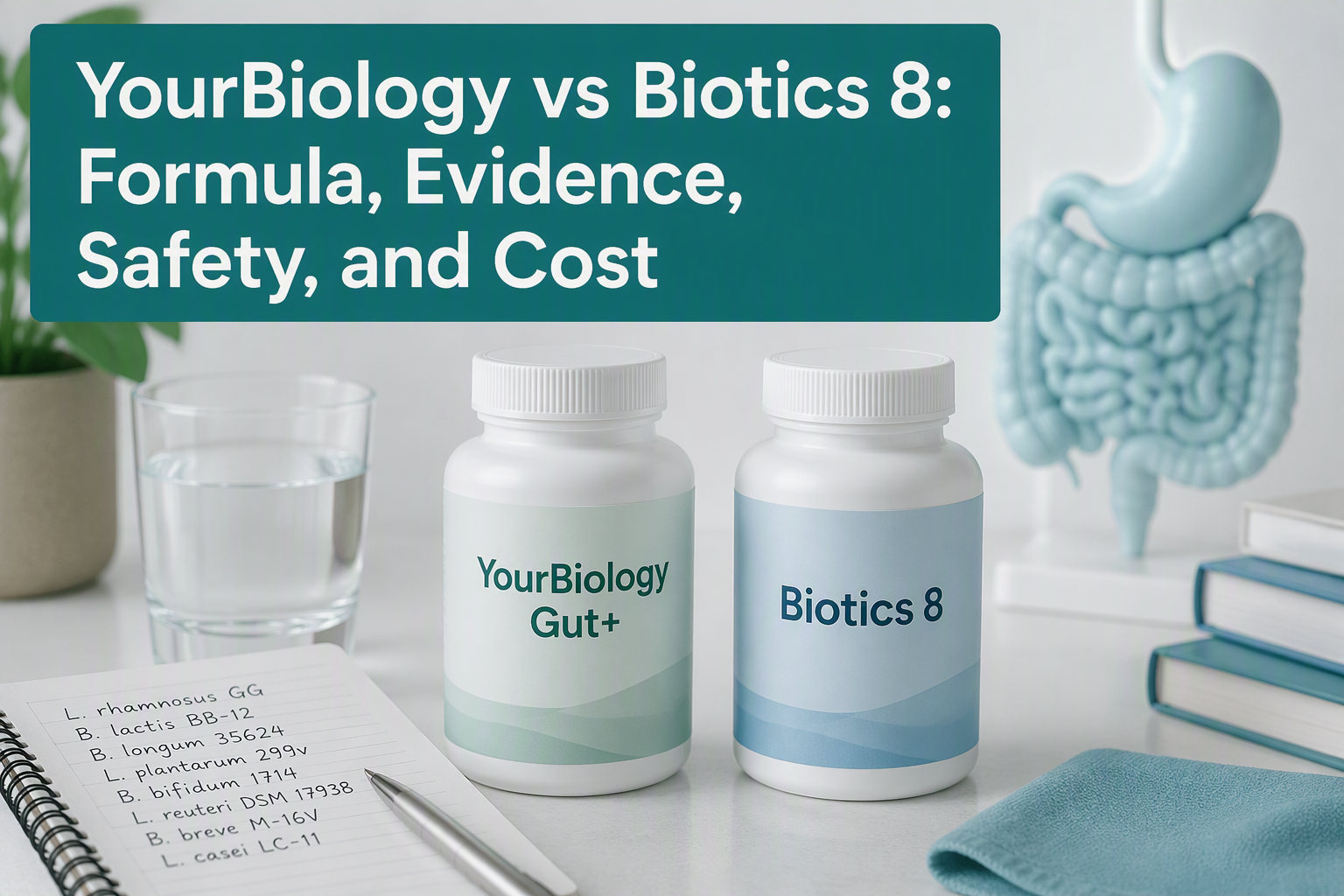 YourBiology vs Biotics 8 probiotic comparison with formula, evidence, safety, and cost