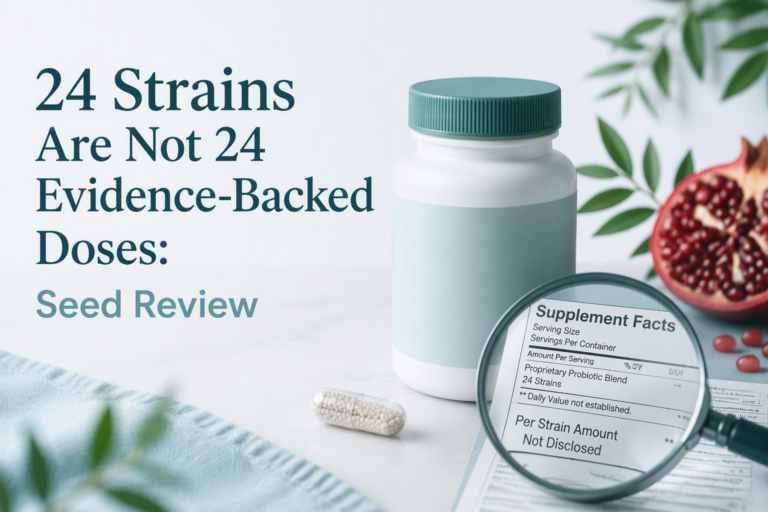 Seed probiotic review showing 24 strains, AFU, and undisclosed evidence-backed doses