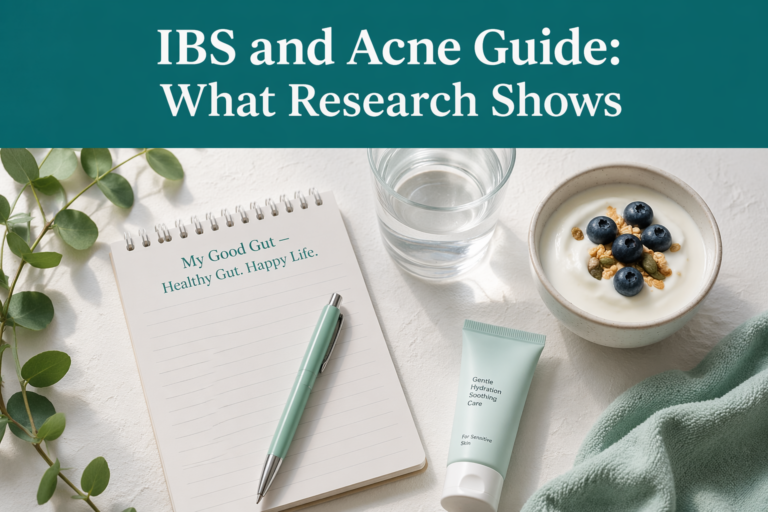 Cover image: IBS and Acne Guide title with probiotic yogurt and skincare on teal-accented flatlay
