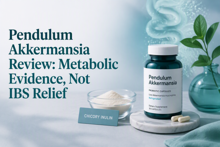 Pendulum Akkermansia review showing metabolic evidence, refrigeration, and limited IBS relief