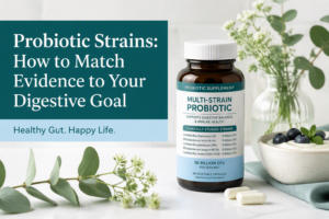 Probiotic strains label and supplement for matching evidence to digestive goals