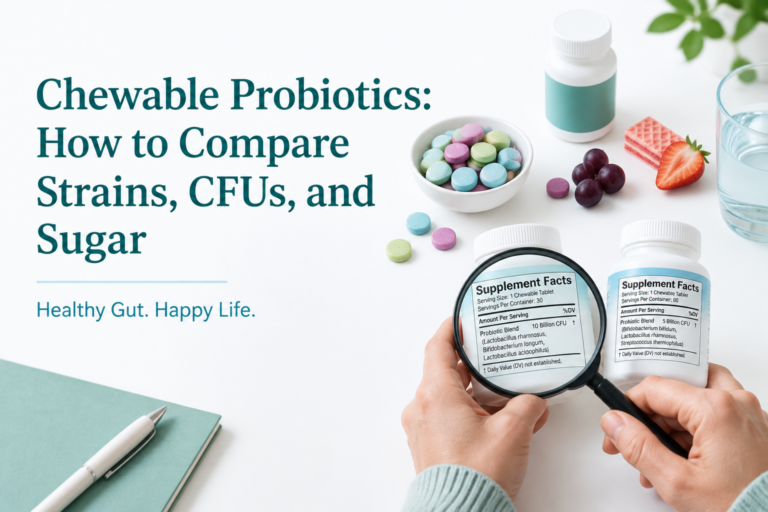 Chewable probiotics with labels showing strains, CFUs, and sugar for comparison
